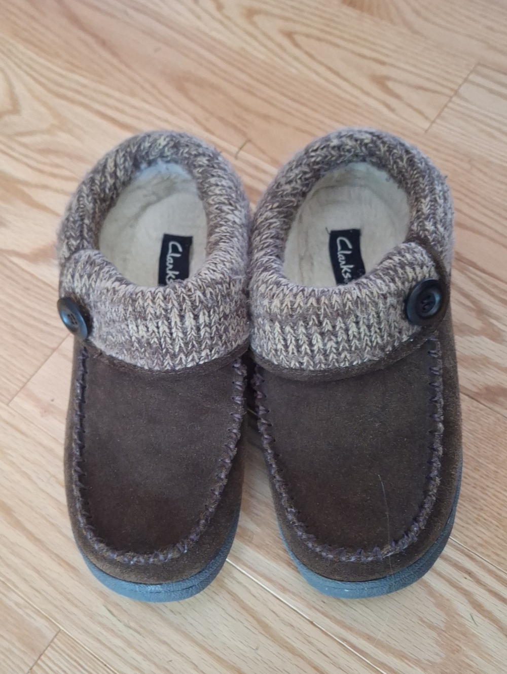 Clarks Brown Suede Moccasin Slippers with Knit Cuff